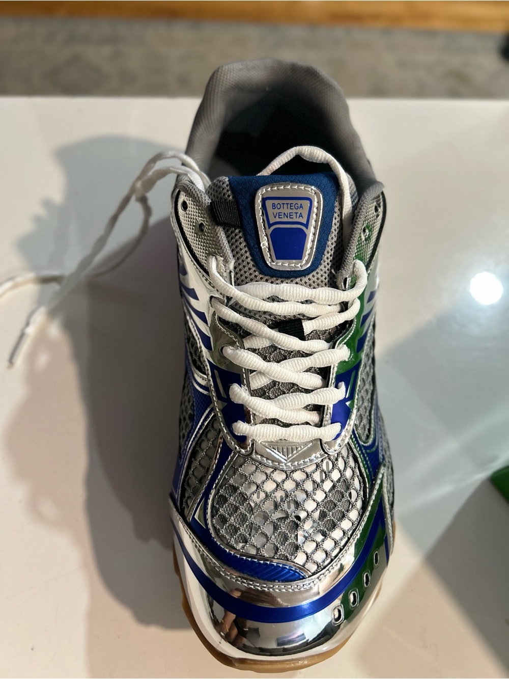 Bottega Veneta Silver, Blue & Green Mesh Lace-Up Sneaker. For both Male & Female